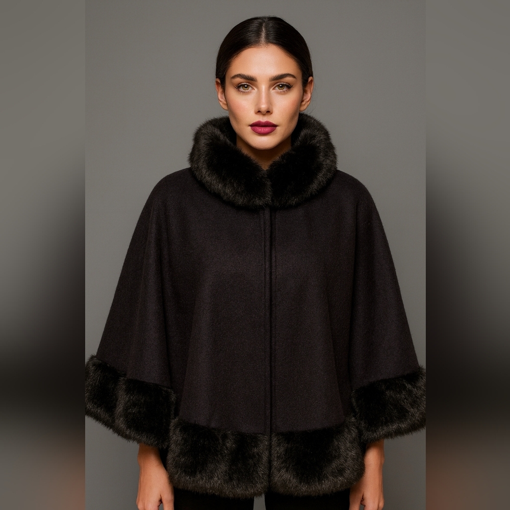 Vintage One Size  Summit Black Faux Fur Trimmed Cape